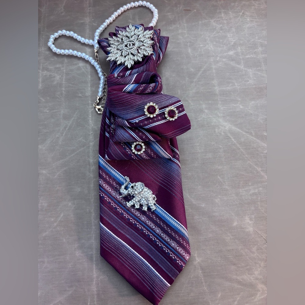 Elegant Purple Striped Women's Tie with Rhinestone Accents
